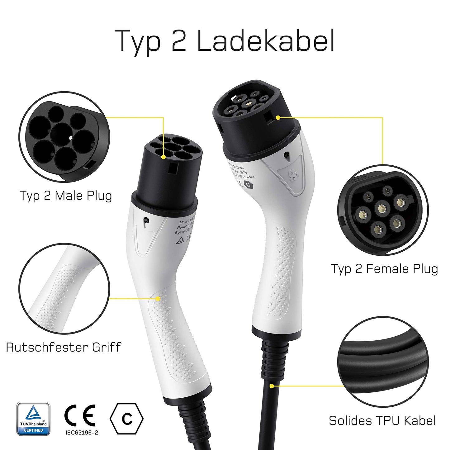 Type 2 EV Charging Cable 22 kW – 5 m (White)