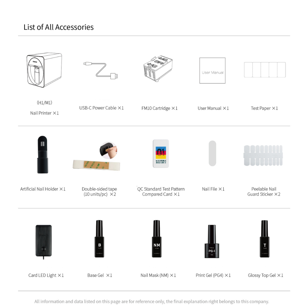O2NAILS M1 Nail Printer List of all Accessoires