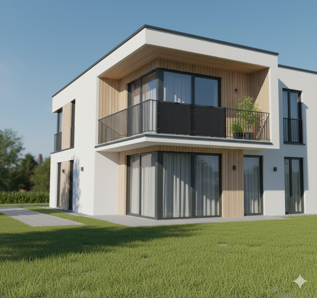 Modern two-story house with wooden facade panels, large glass windows, and a sunny garden view.